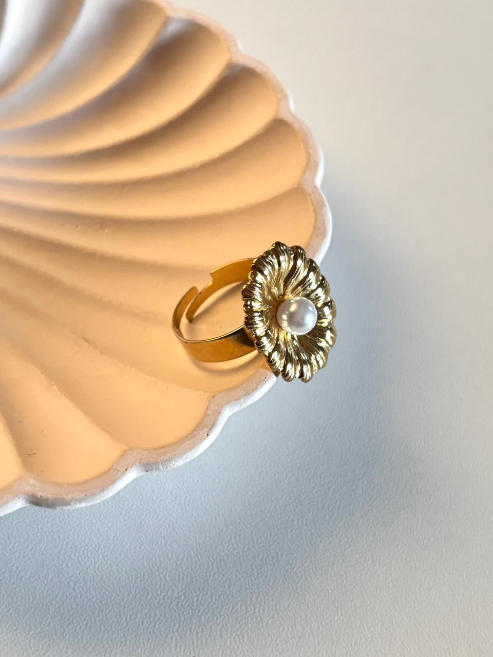 Elegant Gold Floral Adjustable Ring with Pearl Center