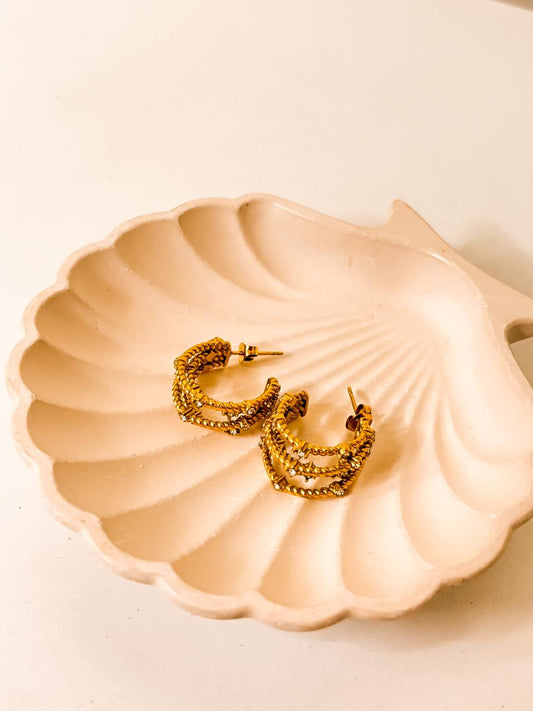 Twisted 18k Gold Rope-Texture rhinestone three layer earrings