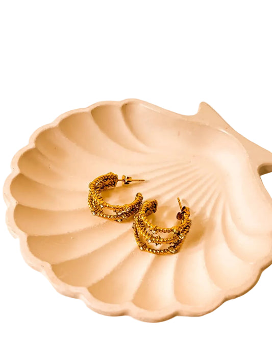 Twisted 18k Gold Rope-Texture rhinestone three layer earrings