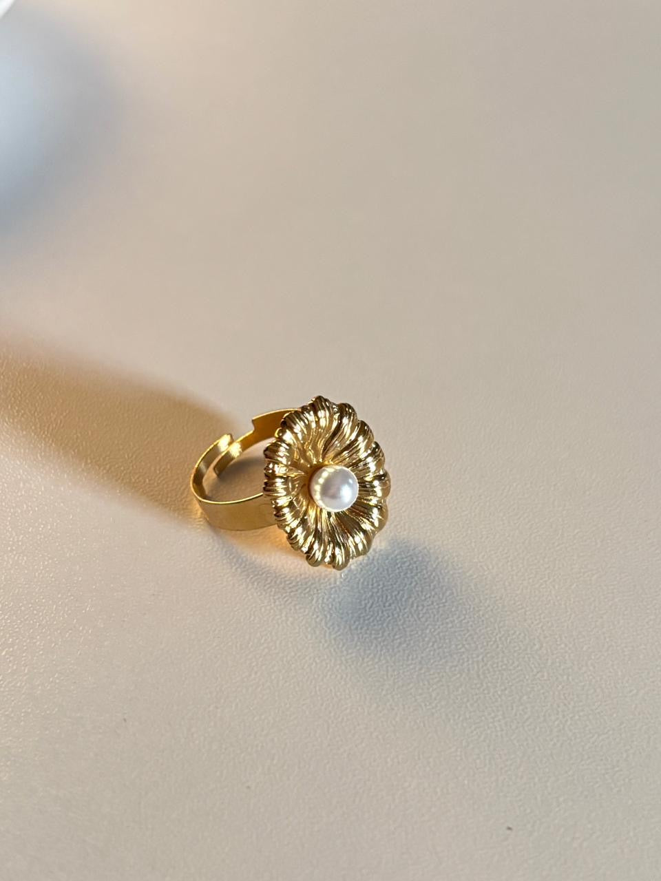 Elegant Gold Floral Adjustable Ring with Pearl Center