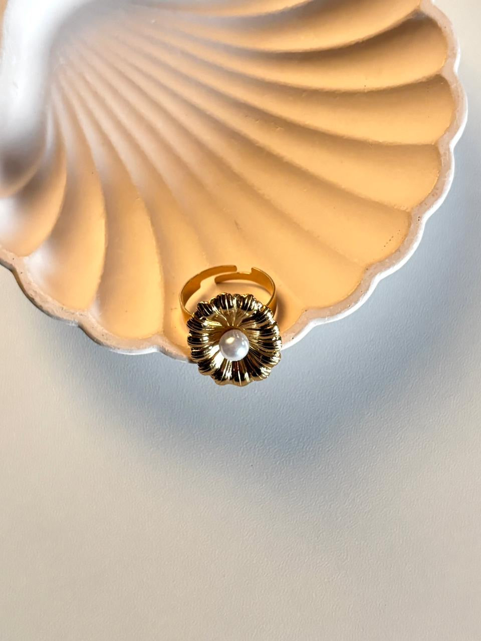 Elegant Gold Floral Adjustable Ring with Pearl Center