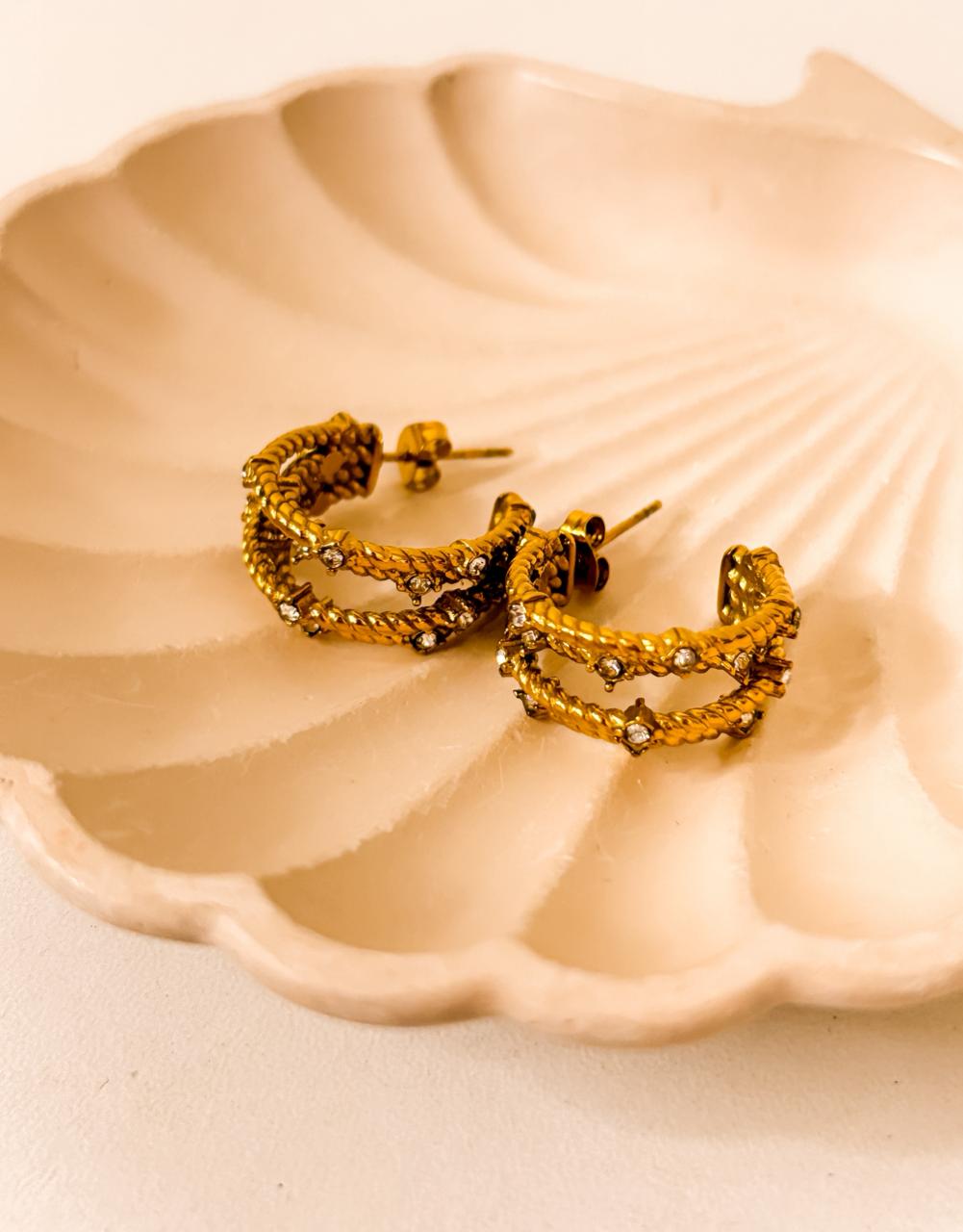 Twisted 18k Gold Rope-Texture rhinestone three layer earrings