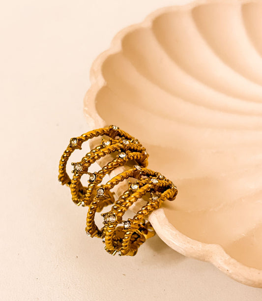 Twisted 18k Gold Rope-Texture rhinestone three layer earrings
